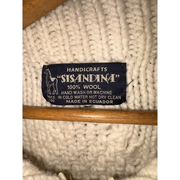 Hand Knit 100% Wool Fisherman's Sweater Sz M Cream Zip Made In Ecuador Sisandia - Picture 4 of 8